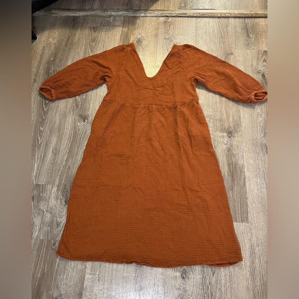 Madewell Rust Brown V-Neck Midi Dress - Picture 3 of 8